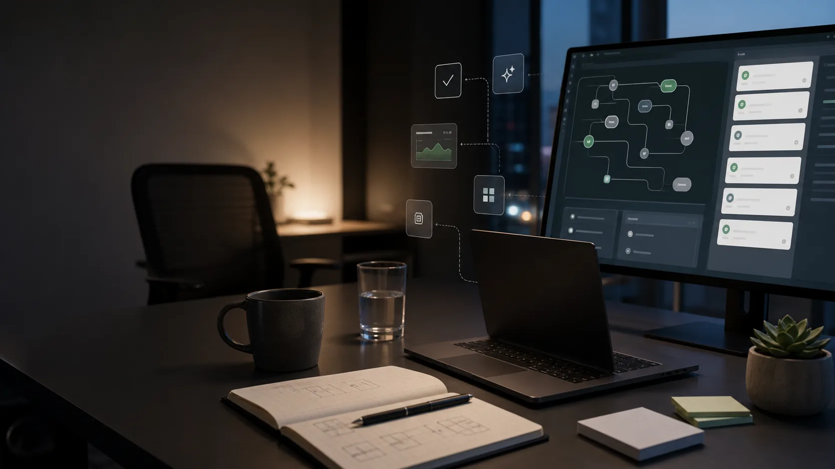 A modern software operations desk with abstract workflow automation on a monitor.