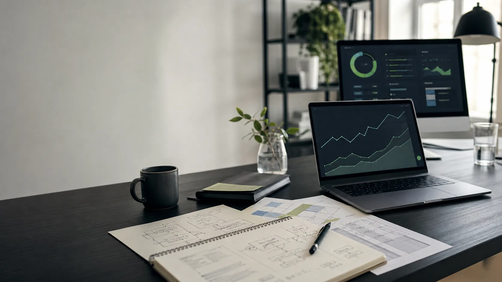 A quiet office desk with abstract pricing dashboards, charts and planning notes.