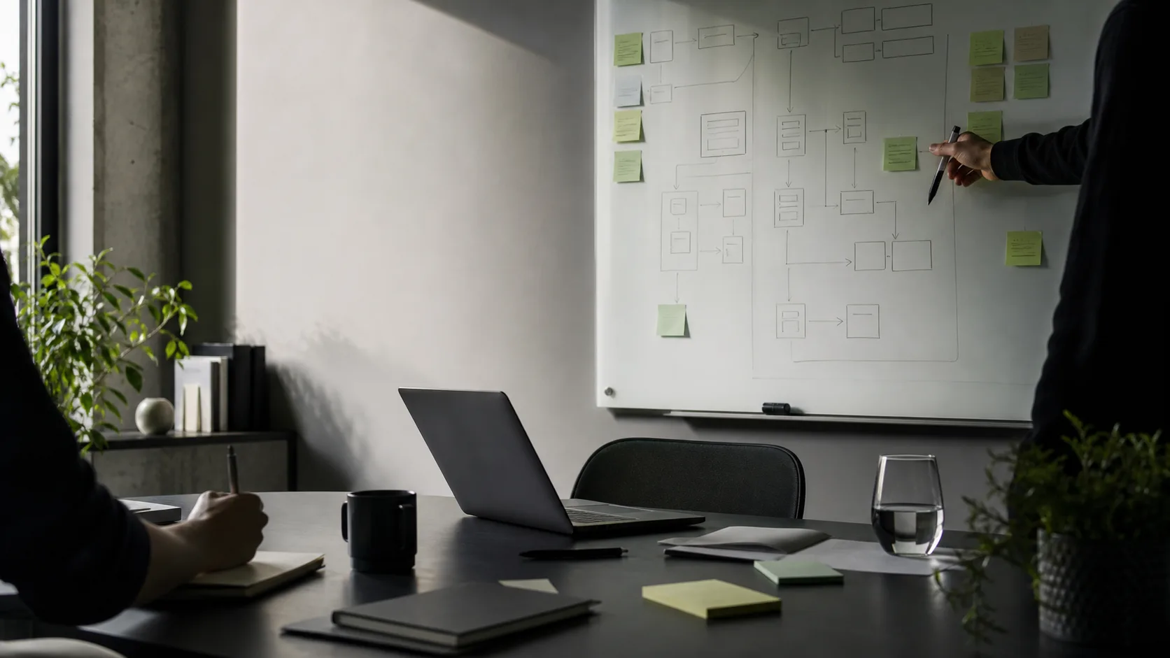 A quiet team workspace with a whiteboard, sticky notes and product architecture sketches.